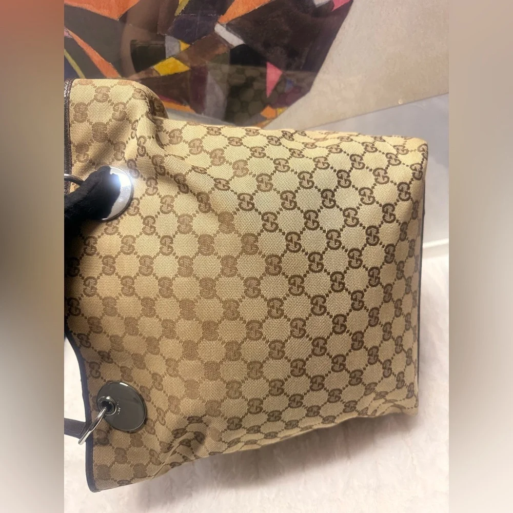 GUCCI-120836 002058 Beige Monogram Canvas Tote with Brown Leather Handle - Picture 9 of 14